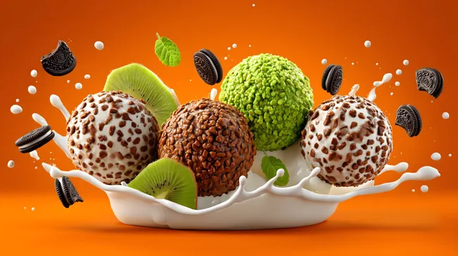 Leckere Bällchen mit Nuss- und Kekskruste auf orangefarbenem Hintergrund