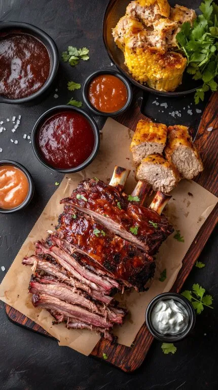 Leckere BBQ-Rippen mit Mais und verschiedenen Dips