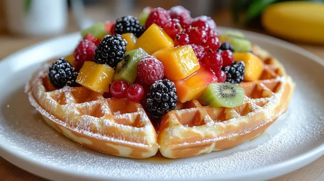 Leckere belgische Waffel mit buntem Früchtearrangement