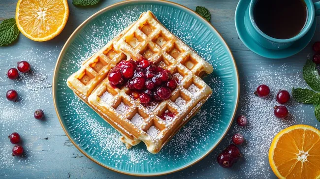 Leckere belgische Waffeln mit frischen Preiselbeeren