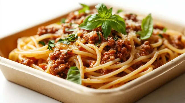 Leckere Bolognese-Pasta in umweltfreundlicher Schale