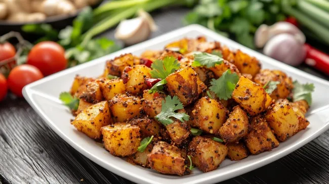 Leckere Bombay-Kartoffeln auf modernem weißem Teller