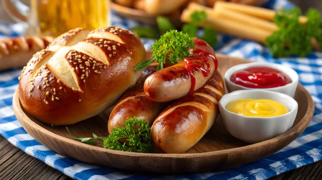 Leckere Bratwürste mit Laugenbrötchen und Senf