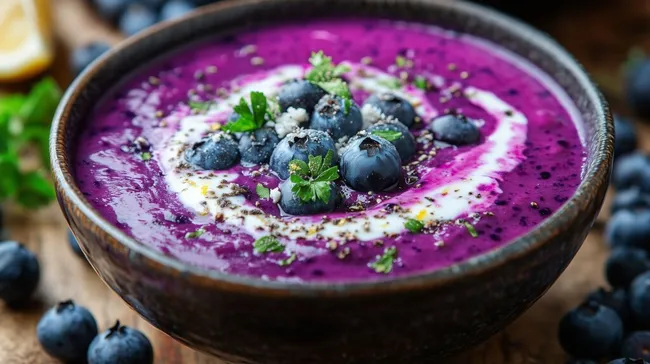 Leckere, bunte Blaubeersuppe in rustikaler Schale