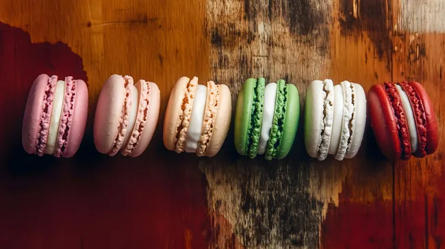 Leckere bunte Makronen auf rustikalem Holzuntergrund