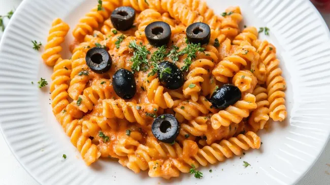 Leckere, bunte Pasta mit Oliven und Tomatensauce