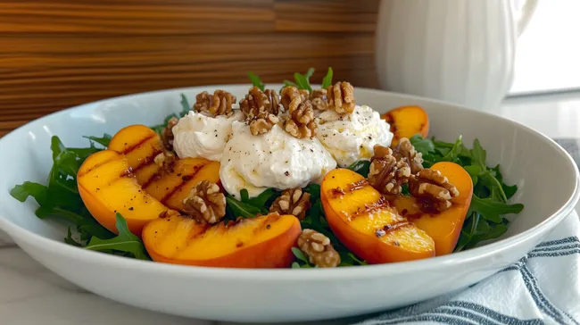 Leckere Burrata-Salat mit Pfirsichen und Walnüssen