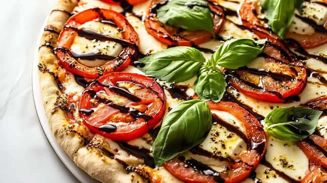 Leckere Caprese-Pizza mit Tomaten, Käse und Basilikum
