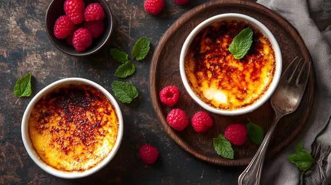 Leckere Crème Brûlée mit frischen Himbeeren
