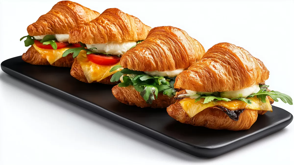 Leckere Croissant-Sandwich auf schwarzem Tablett