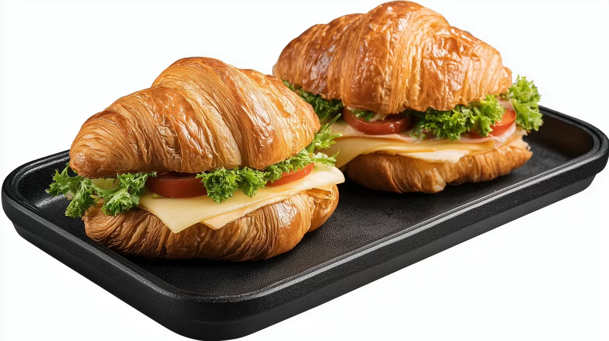 Leckere Croissant-Sandwiches auf schwarzem Tablett
