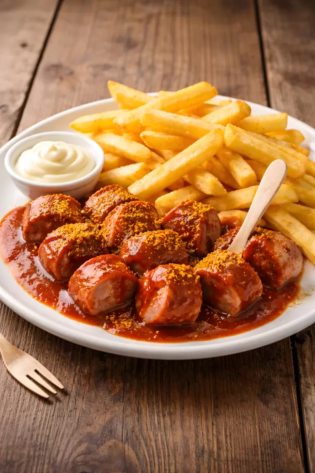 Leckere Currywurst mit Pommes - köstliches Fast-Food-Gericht