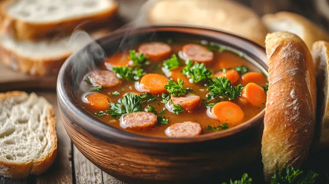 Leckere, dampfende Gulaschsuppe mit Gemüse und Brot