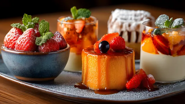 Leckere Dessertkomposition mit Erdbeeren und Orangenpudding