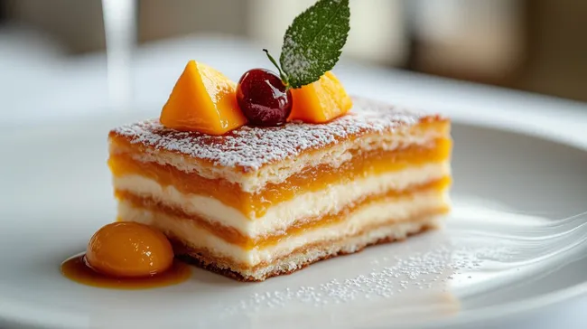 Leckere Desserttorte mit Früchten und Puderzucker