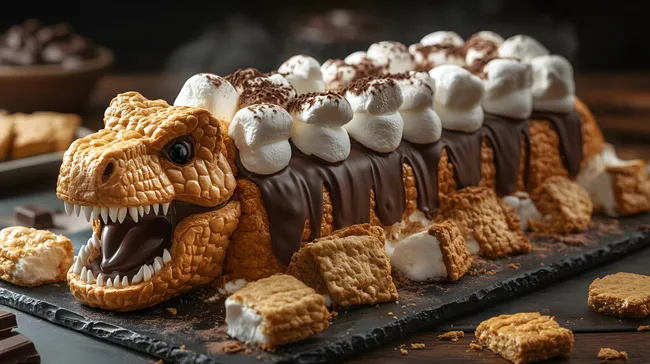 Leckere Dinosaurier-Geburtstagstorte mit Schokolade und Marshmallows