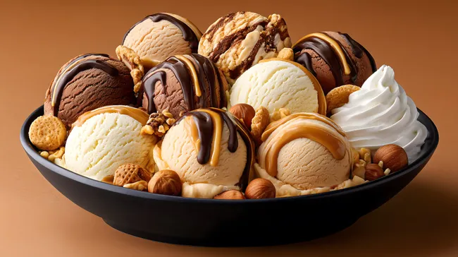 Leckere Eisdessert-Komposition auf Karamelltönen