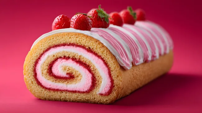 Leckere Erdbeer-Biskuitrolle mit rosa Sahne