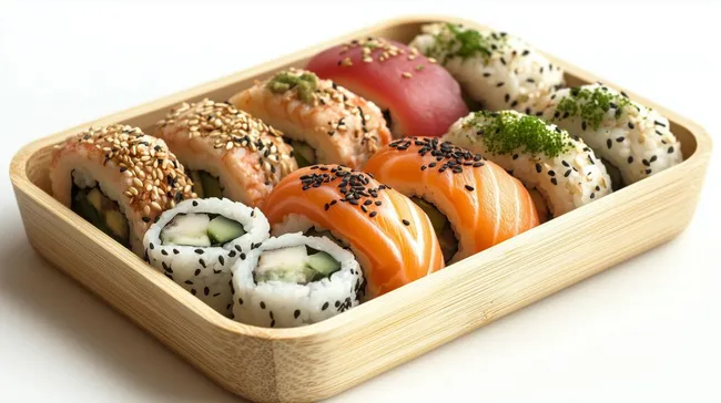 Leckere, farbenfrohe Sushi-Auswahl in Bambus-Schale