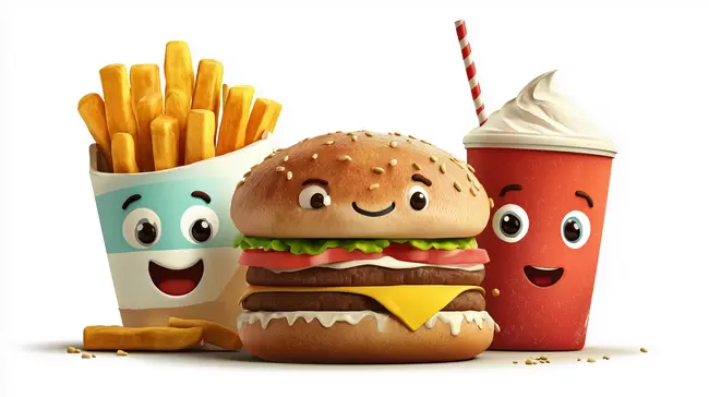 Leckere Fast-Food-Gerichte mit lächelnden Symbolen