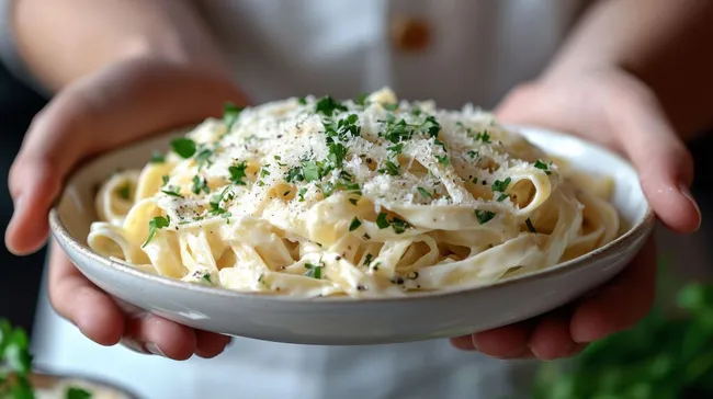 Leckere Fettuccine Alfredo mit Käse und Kräutern