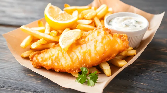 Leckere Fish & Chips mit Zitrone und Remoulade