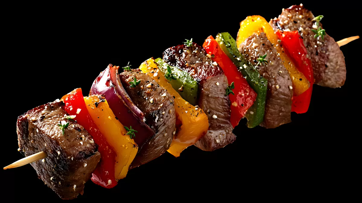 Leckere Fleisch-Gemüse-Spieße auf Holzplanke