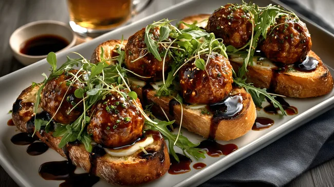 Leckere Fleischbällchen auf geröstetem Brot mit Rucola und Sauce