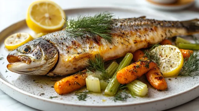 Leckere Forelle mit Gemüsebeilage auf Teller