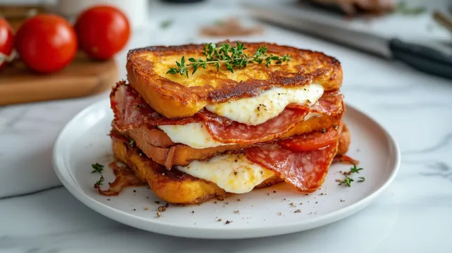 Leckere französische Toast-Scheiben mit Salami und Käse