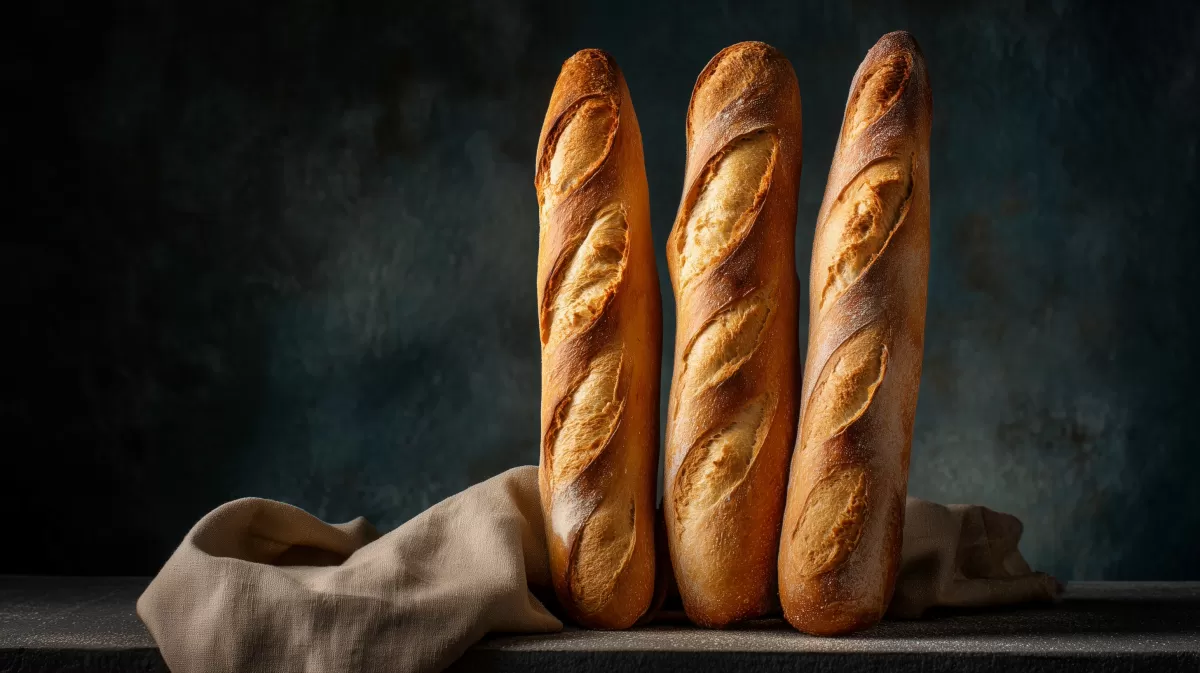 Leckere, frisch gebackene Baguettes auf Holz