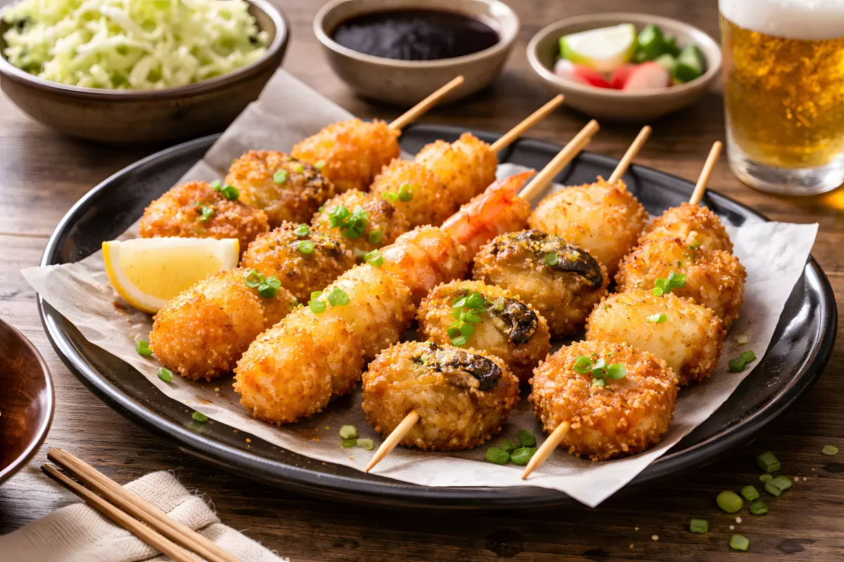 Leckere frittierte Tapas mit Gemüsesalat und Bier