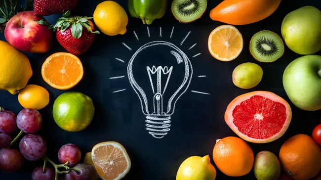 Leckere Früchte und kreative Glühbirne auf Tafel