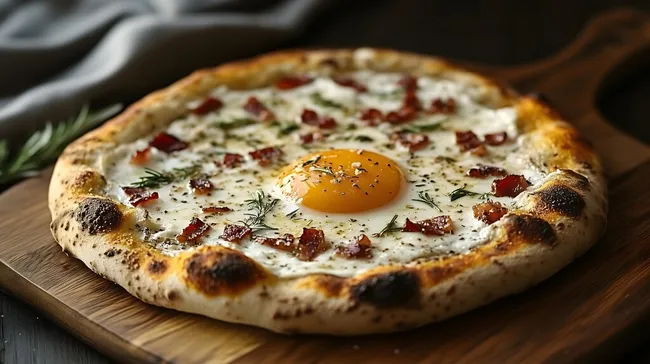 Leckere Frühstückspizza mit Speck, Ei und Kräutern