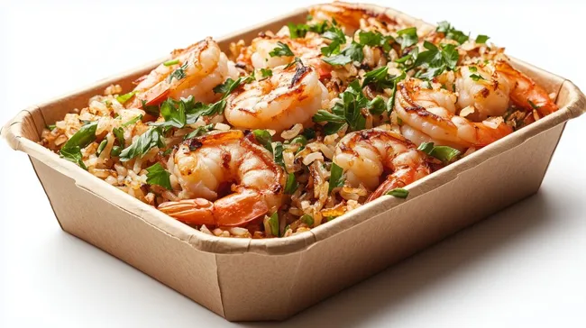 Leckere Garnelen-Reis-Pfanne in moderner Schale
