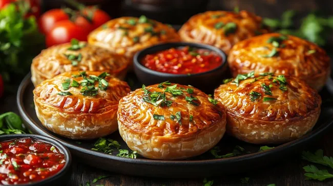 Leckere gefüllte Backteigpastetchen mit Tomatendip