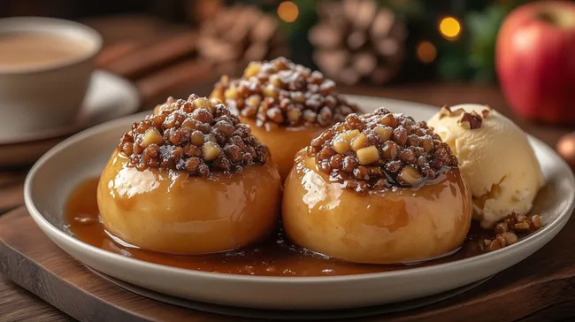 Leckere gefüllte Bratäpfel mit Nüssen und Karamellsauce