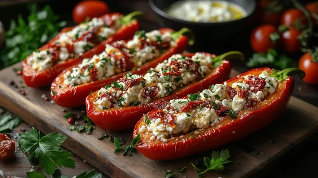 Leckere gefüllte Paprikaschoten mit Käse und Kräutern