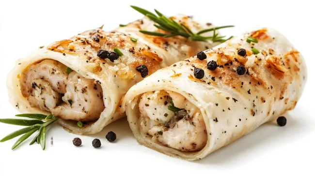Leckere gefüllte Pfannkuchenrollen mit Hühnchen und Kräutern