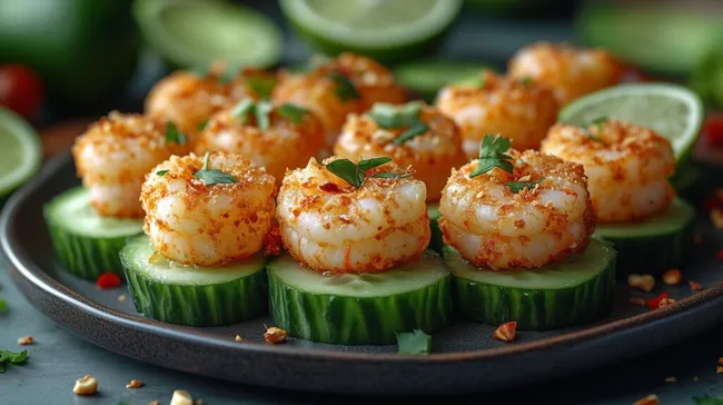 Leckere gegarte Garnelen auf Gurkenscheiben