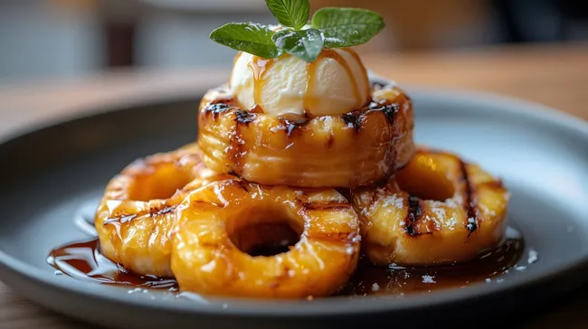 Leckere gegrillte Ananasringe mit Vanilleeis und Karamellsauce