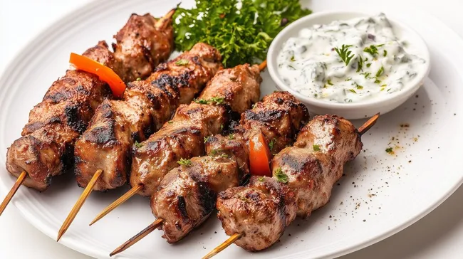 Leckere gegrillte Fleischspieße mit Tzatziki-Sauce