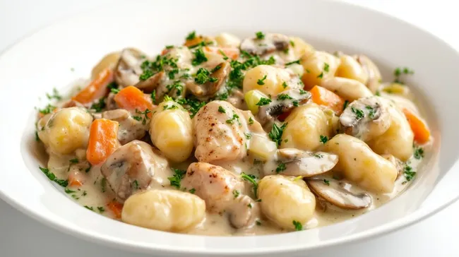 Leckere Gnocchi in Pilz-Sahne-Sauce mit Hühnchen