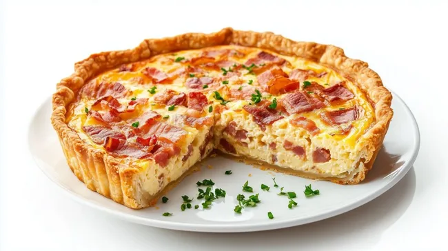 Leckere, goldbraune Speck-Quiche mit frischen Kräutern