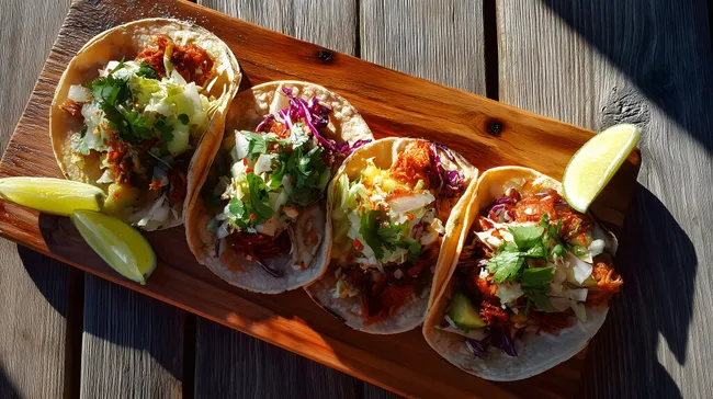 Leckere Gourmet-Tacos auf rustikalem Holzbrett
