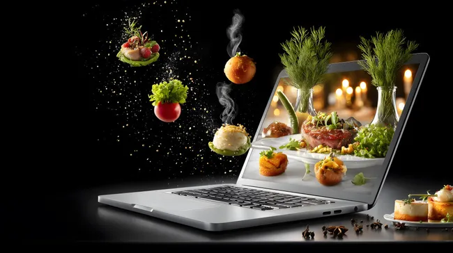 Leckere Gourmetgerichte schweben aus Laptop