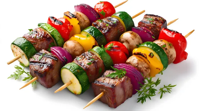 Leckere Grillspiesse mit gegrilltem Fleisch und buntem Gemüse