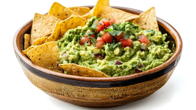 Leckere Guacamole mit Tortilla Chips in Holzschale