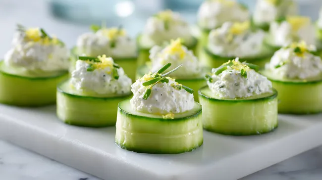 Leckere Gurkenkäsehäppchen auf Marmorplatte