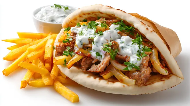Leckere Gyros-Pita mit Pommes und Tzatziki